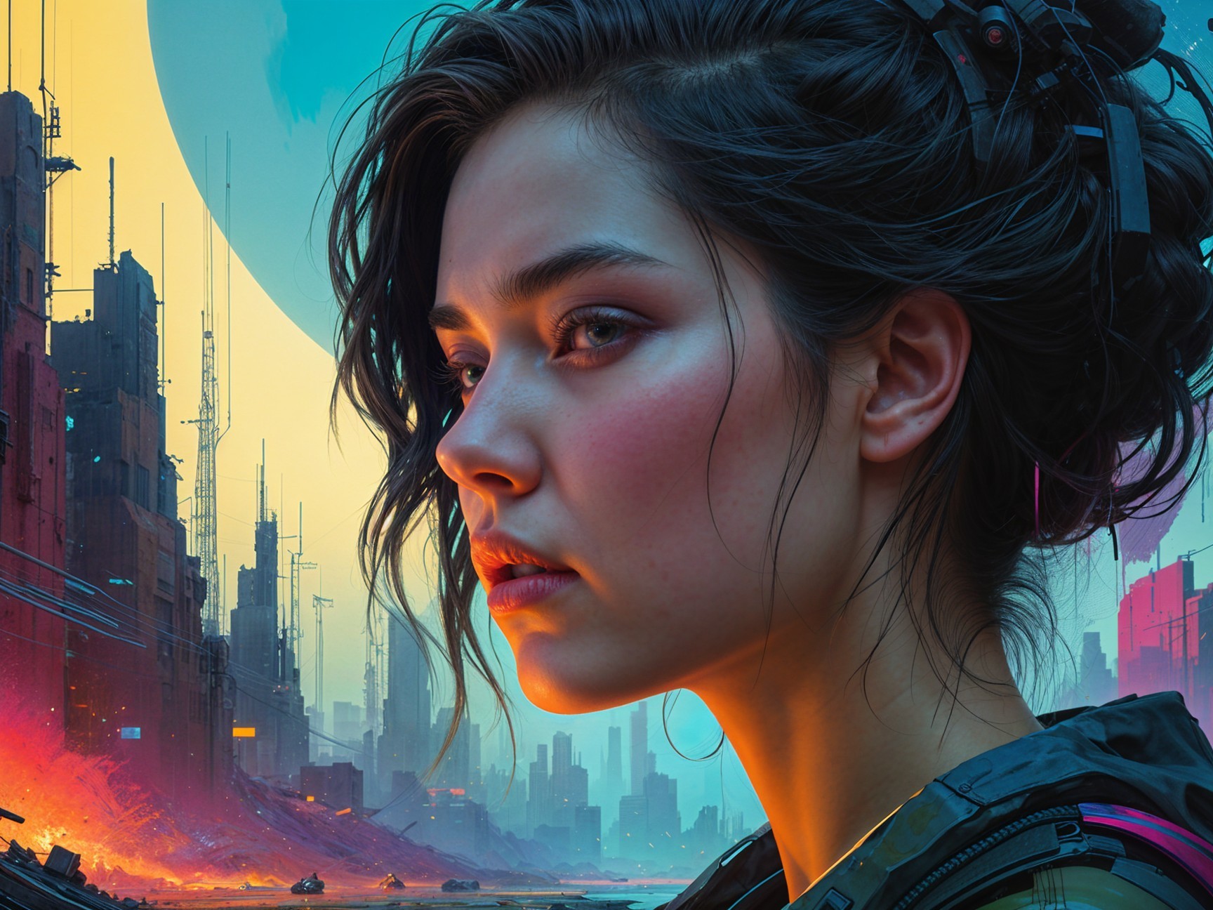 Contemplative Woman Overlooking Futuristic Cityscape