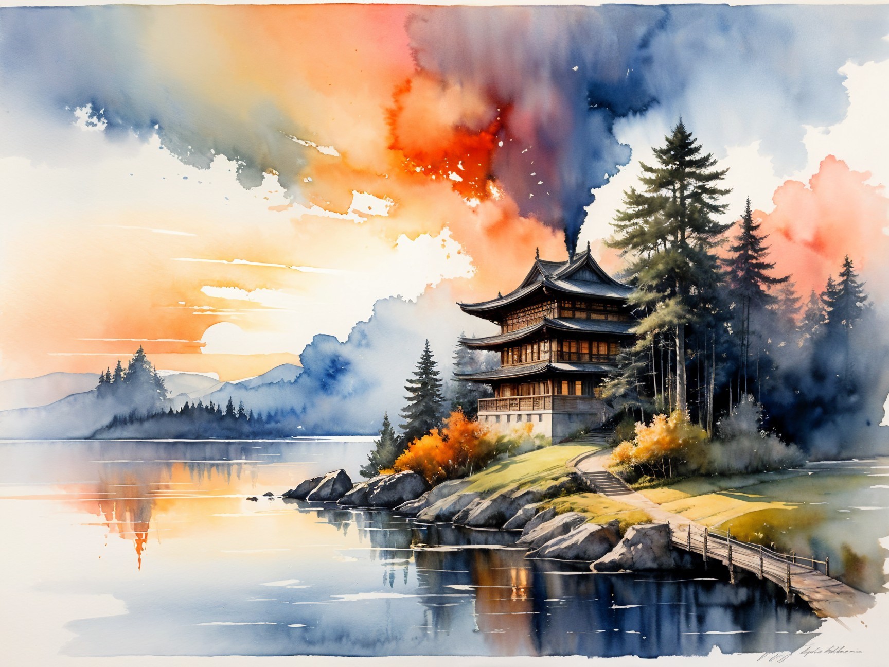 Watercolor Landscape of Japanese Pavilion by Lake