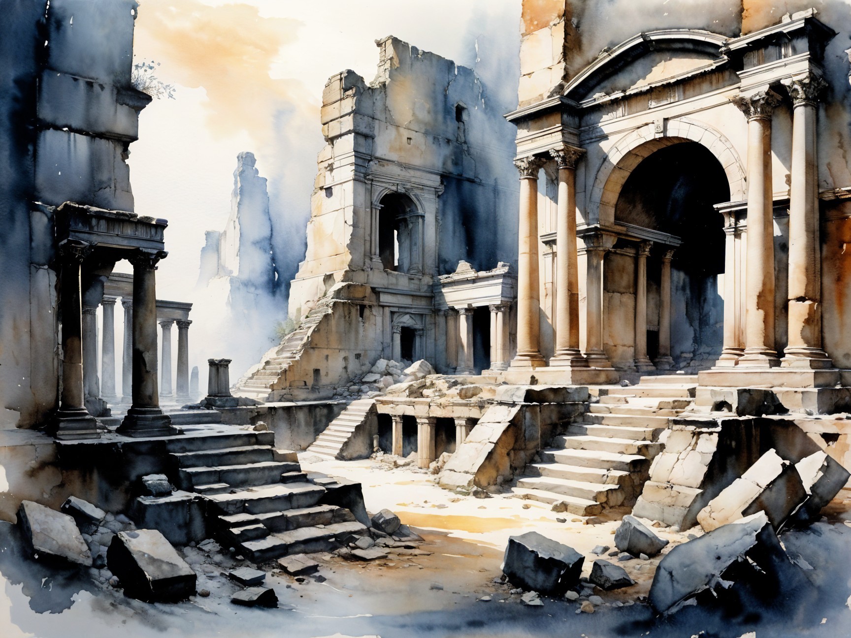 Watercolor Artwork of Ancient Ruins and Columns