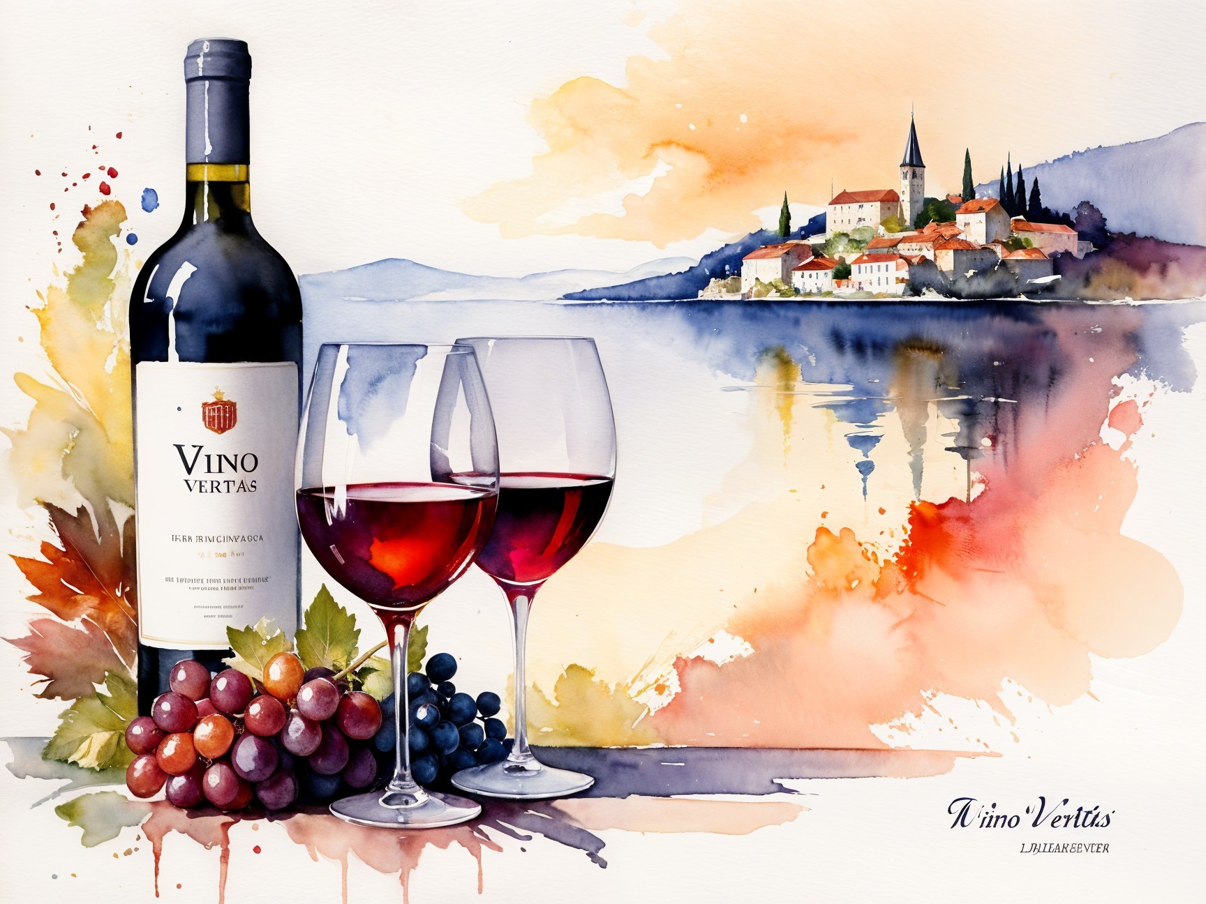 Watercolor Wine Scene with Grapes and Scenic Landscape