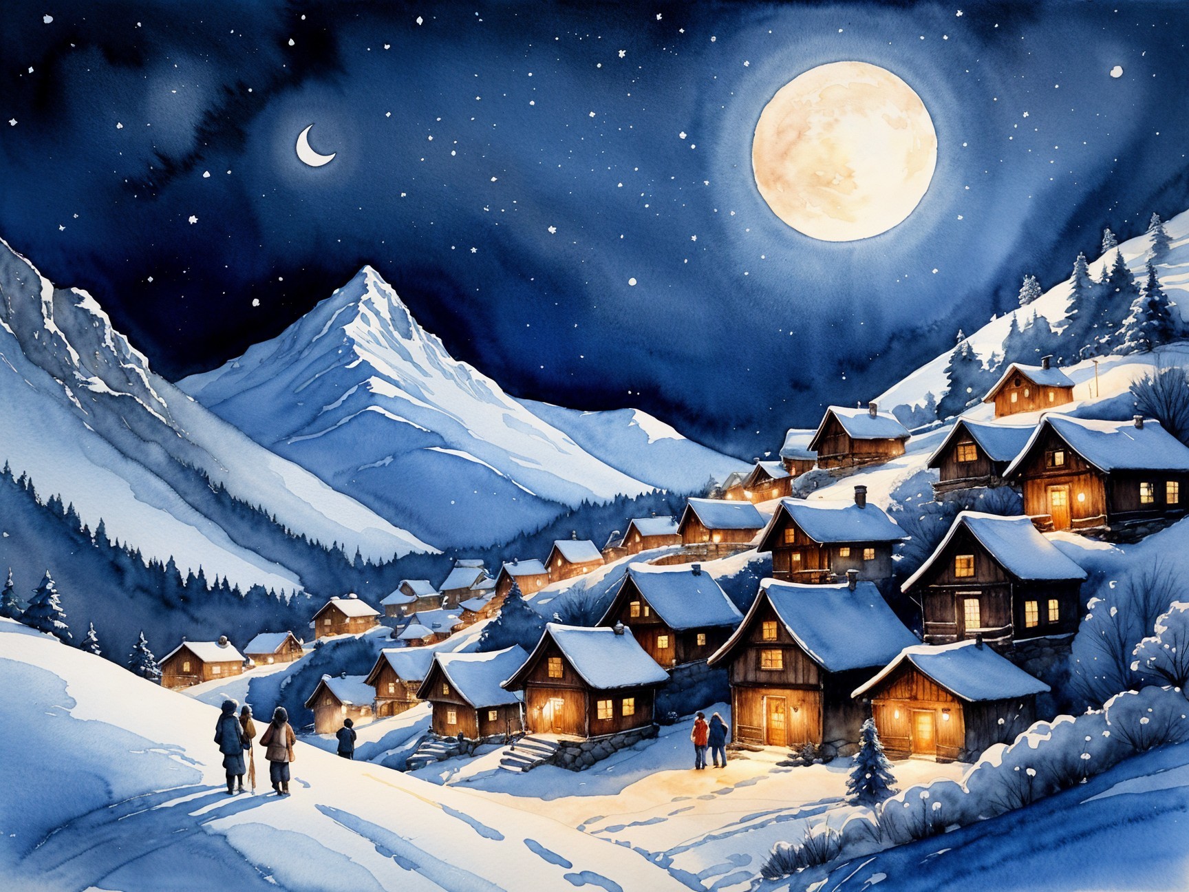 Winter Night Scene of a Snow-Covered Village
