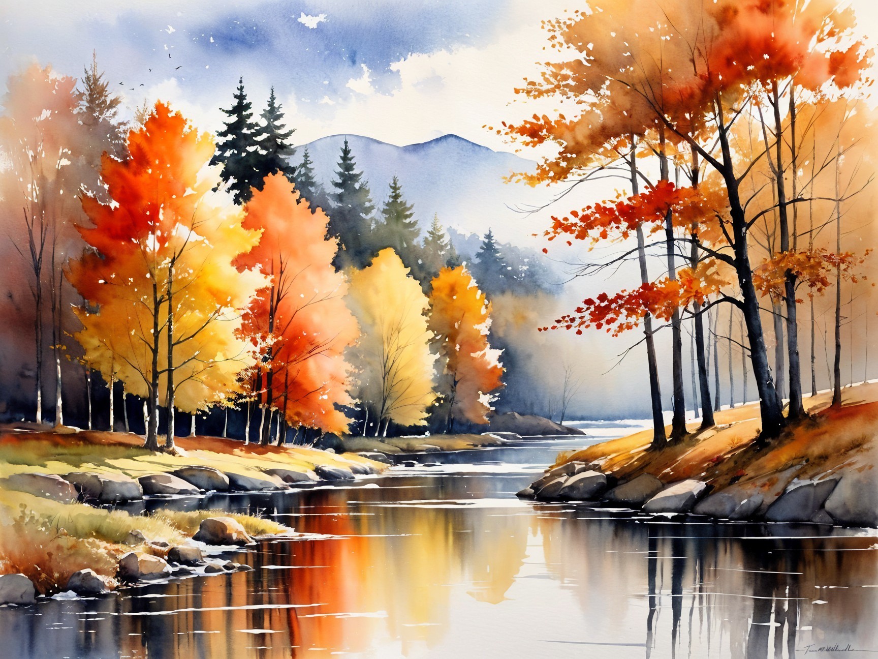 Serene Autumn Landscape with River and Mountains