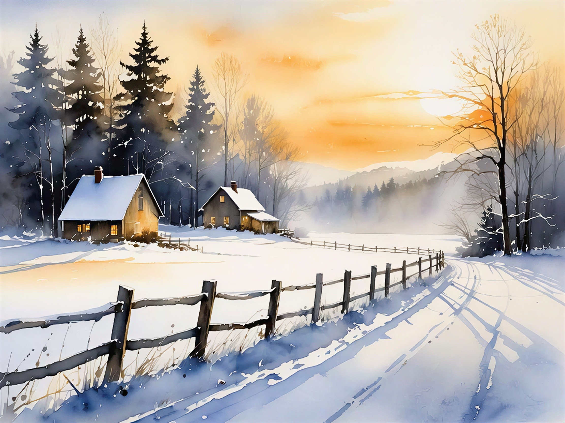 Watercolor of a winter landscape with illuminated houses