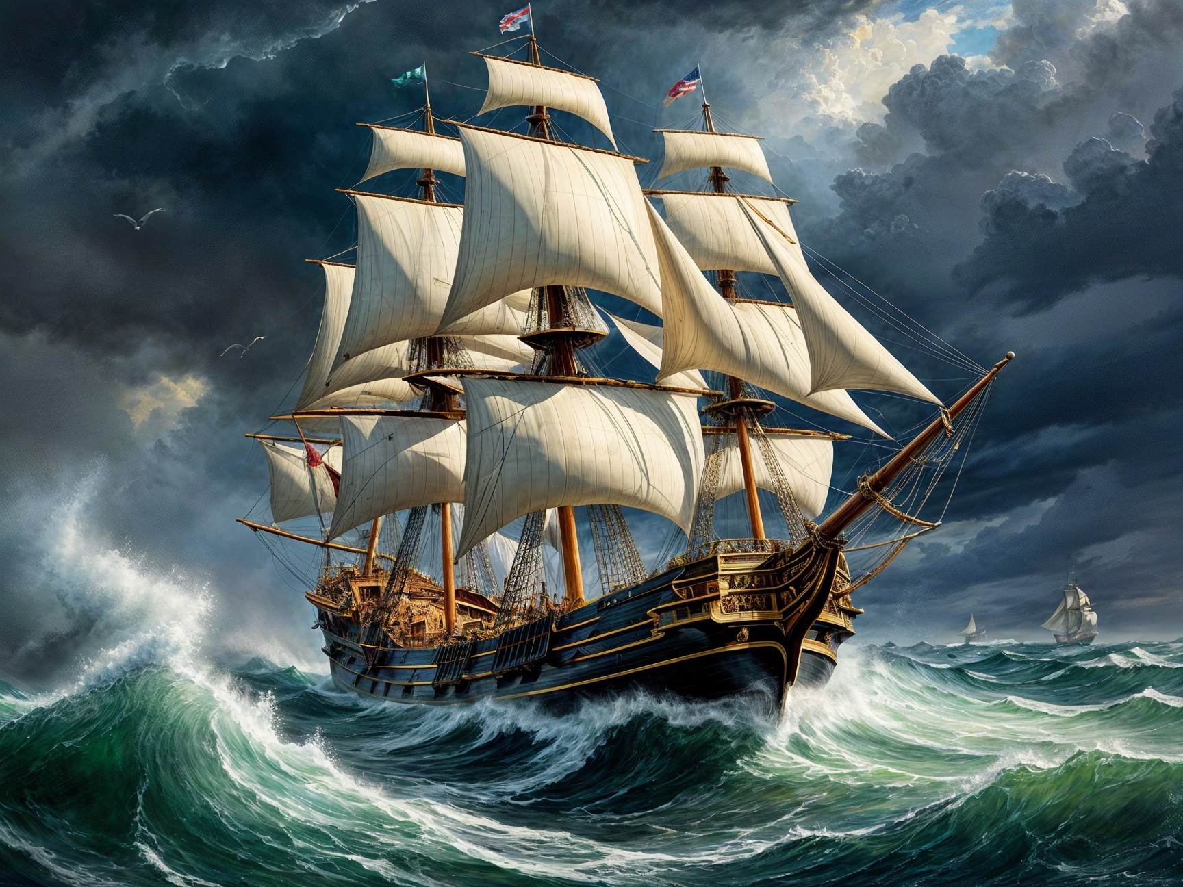 Tall Ship Navigating Stormy Seas with Billowing Sails