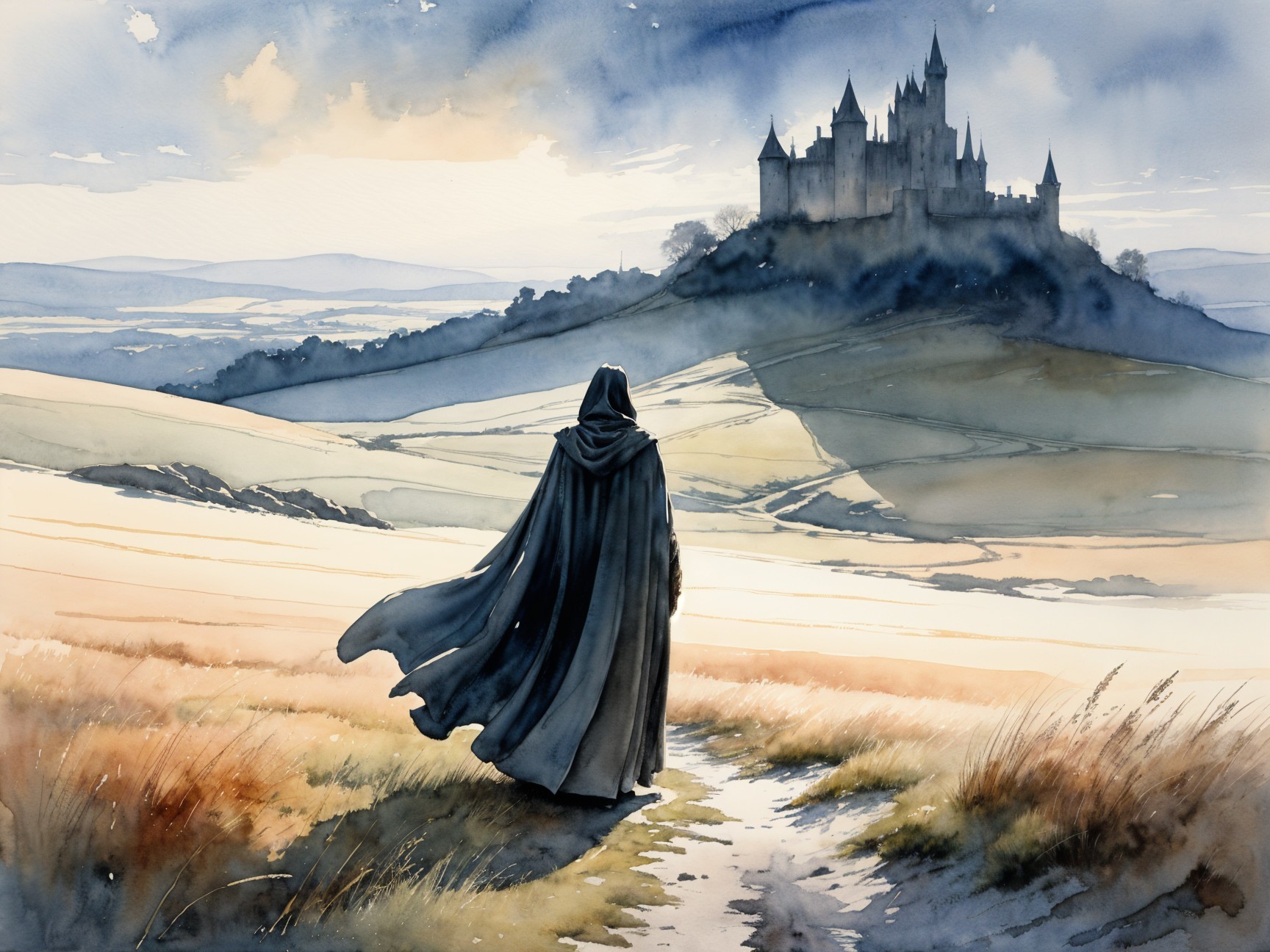 Cloaked Figure Observing Distant Castle Landscape