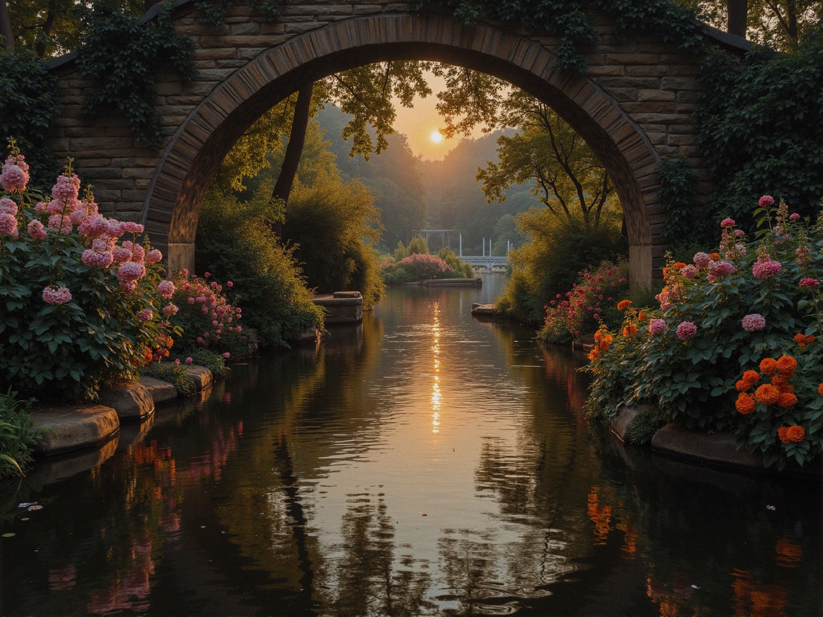 Serene garden at sunset with stone arch and flowers