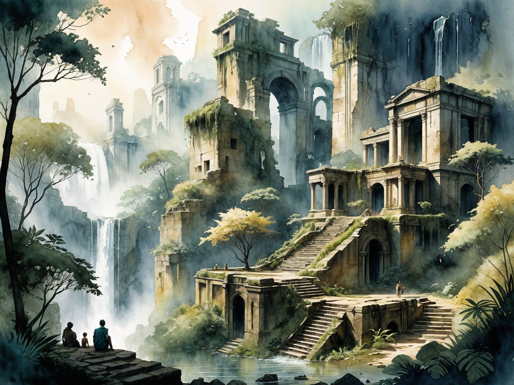 Ancient Ruins in a Lush Misty Landscape