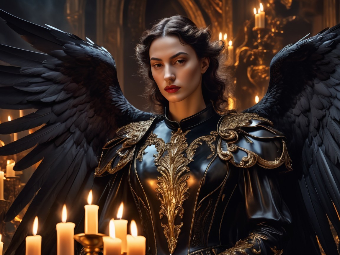 Ornate Black Armor with Intricate Wings in Candlelight