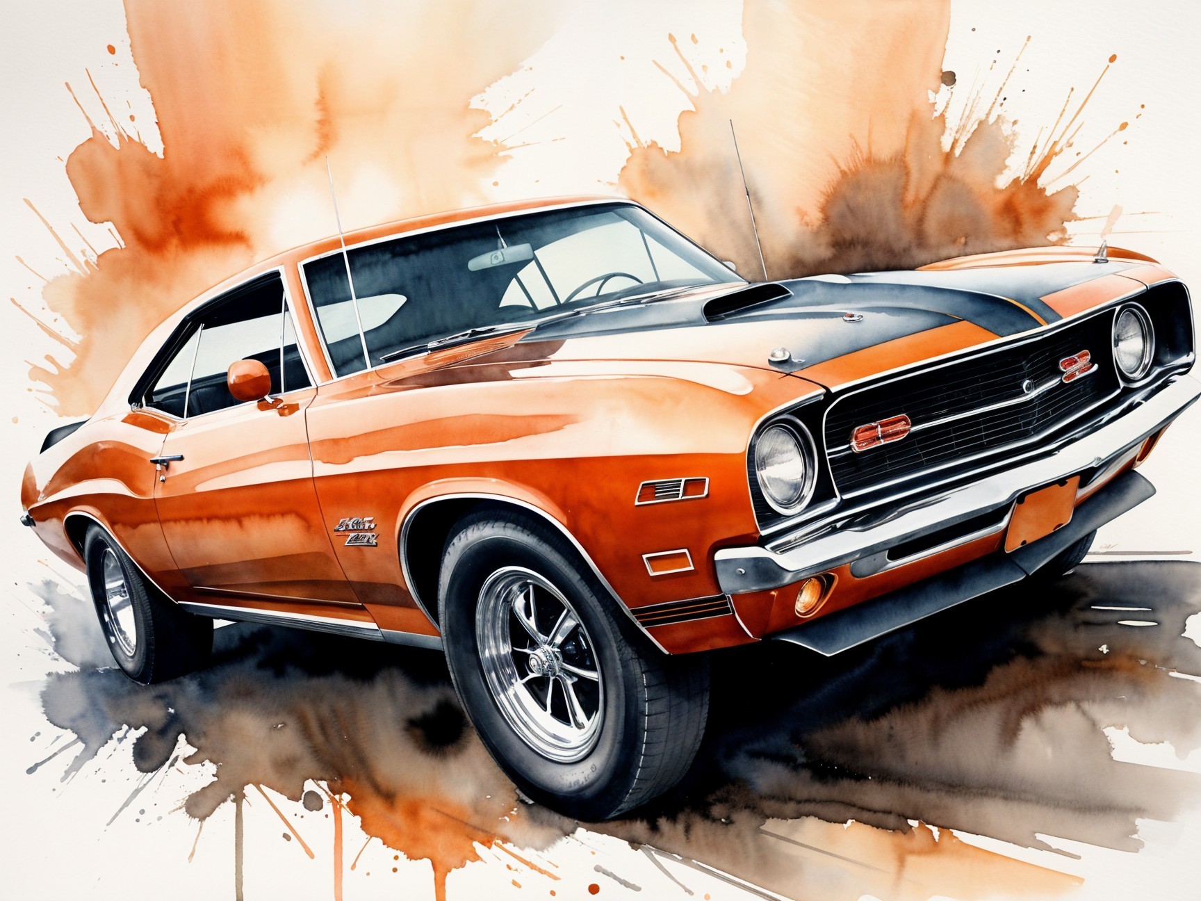 Watercolor Artwork of Classic Orange Muscle Car