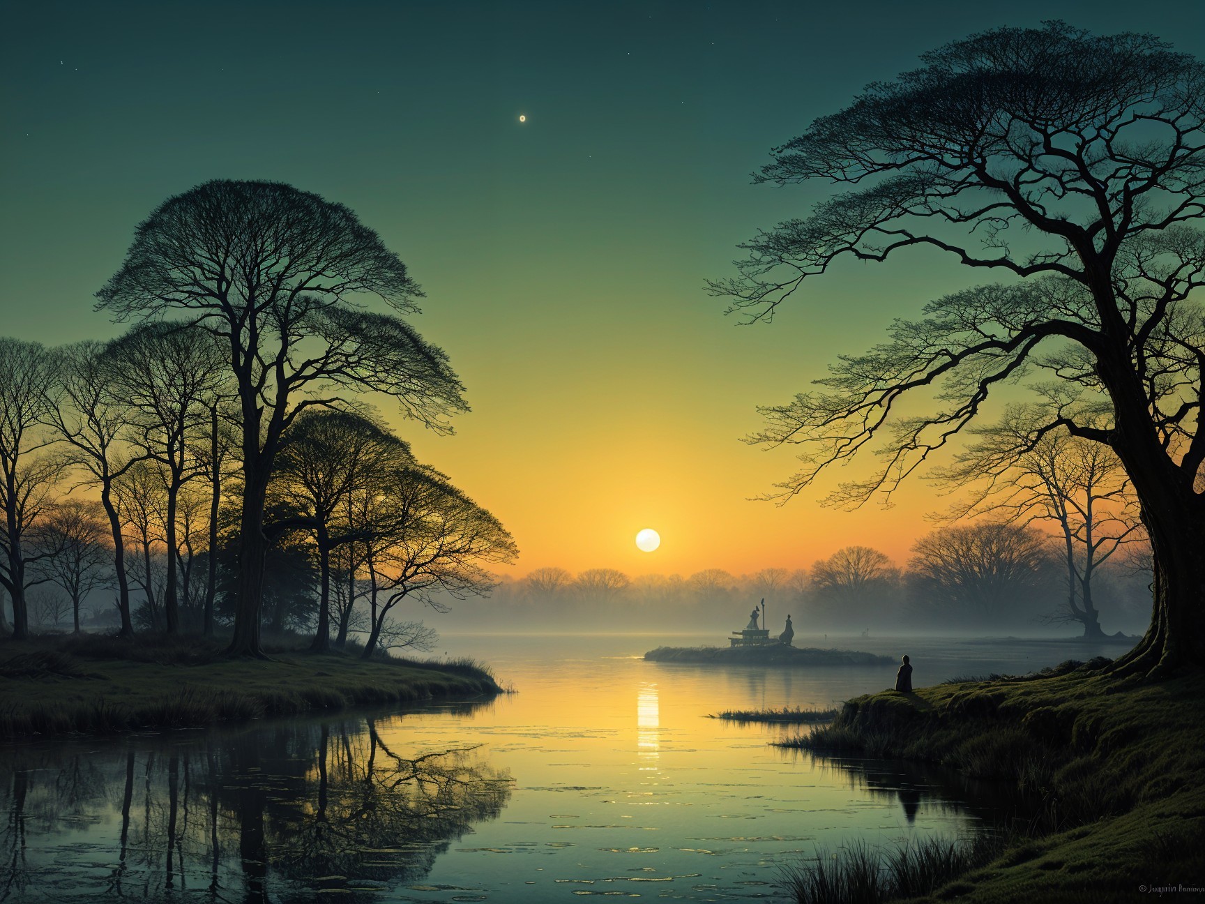 Tranquil River Scene at Sunrise with Mist and Trees