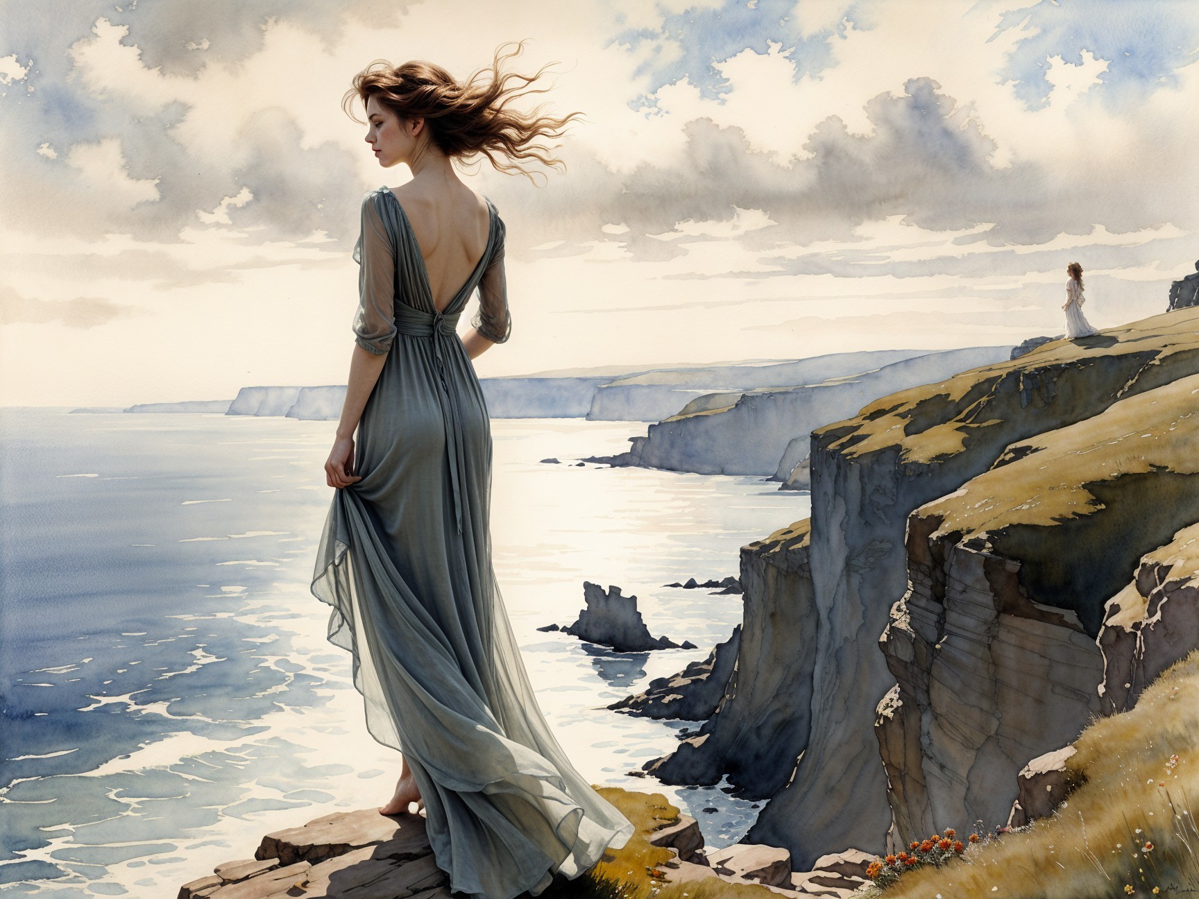 Woman in flowing dress on cliff overlooking ocean