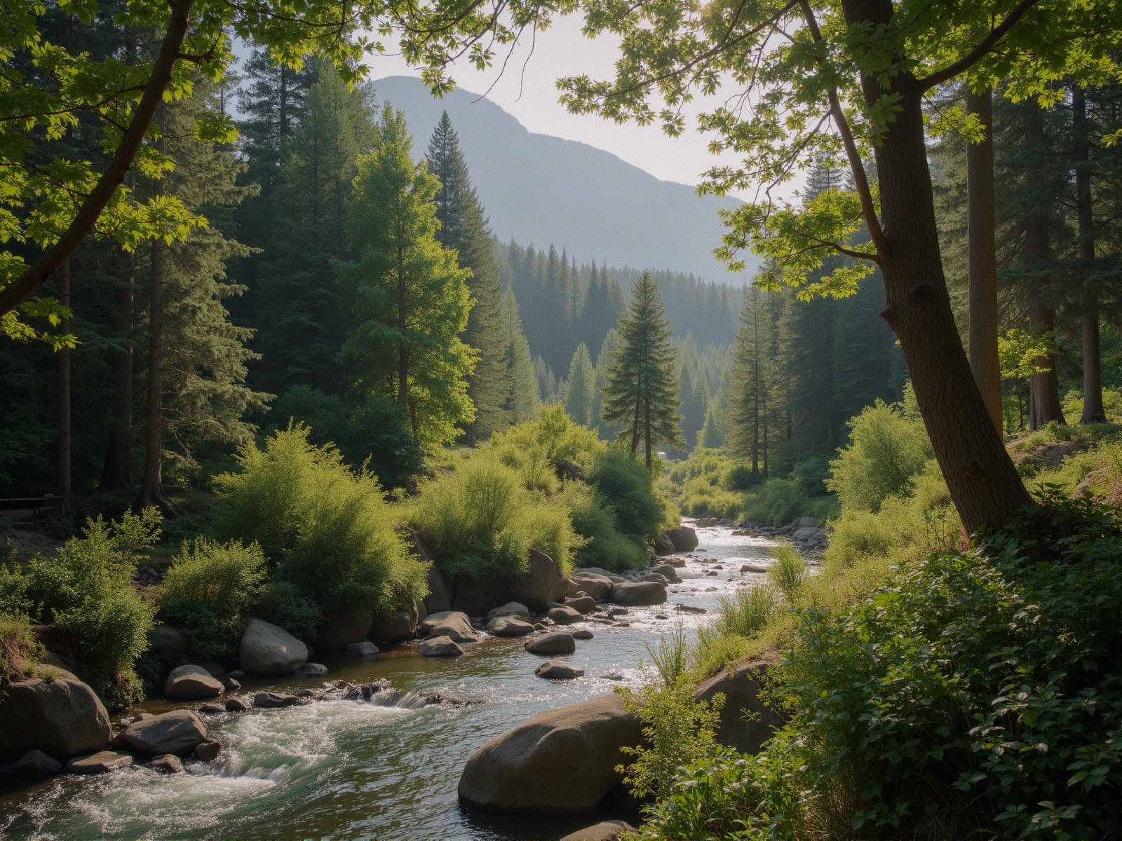 Serene River in Lush Green Forest Landscape