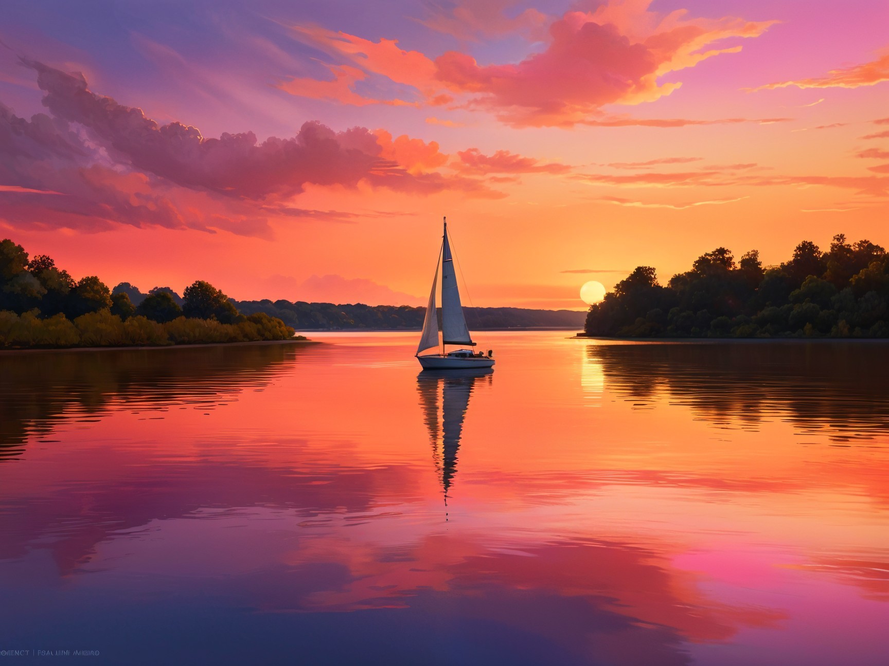 Vibrant Sunset Over Calm Water with Sailboat