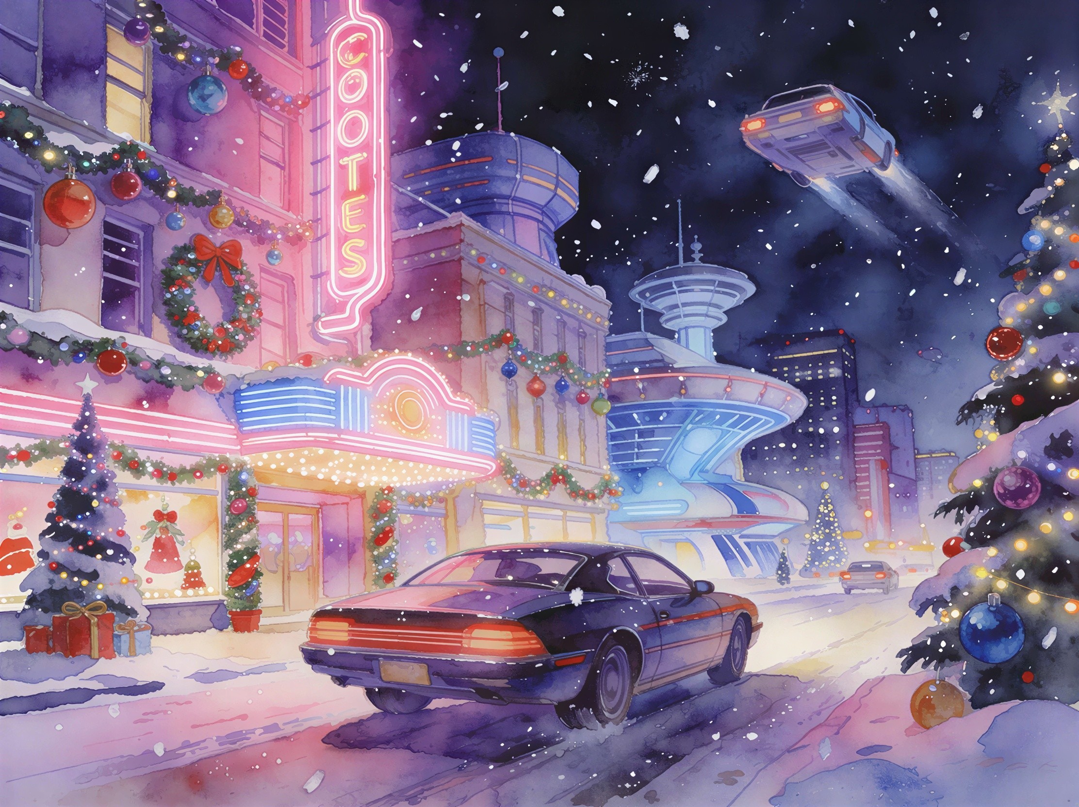Futuristic Christmas Cityscape with Snow and Neon Lights