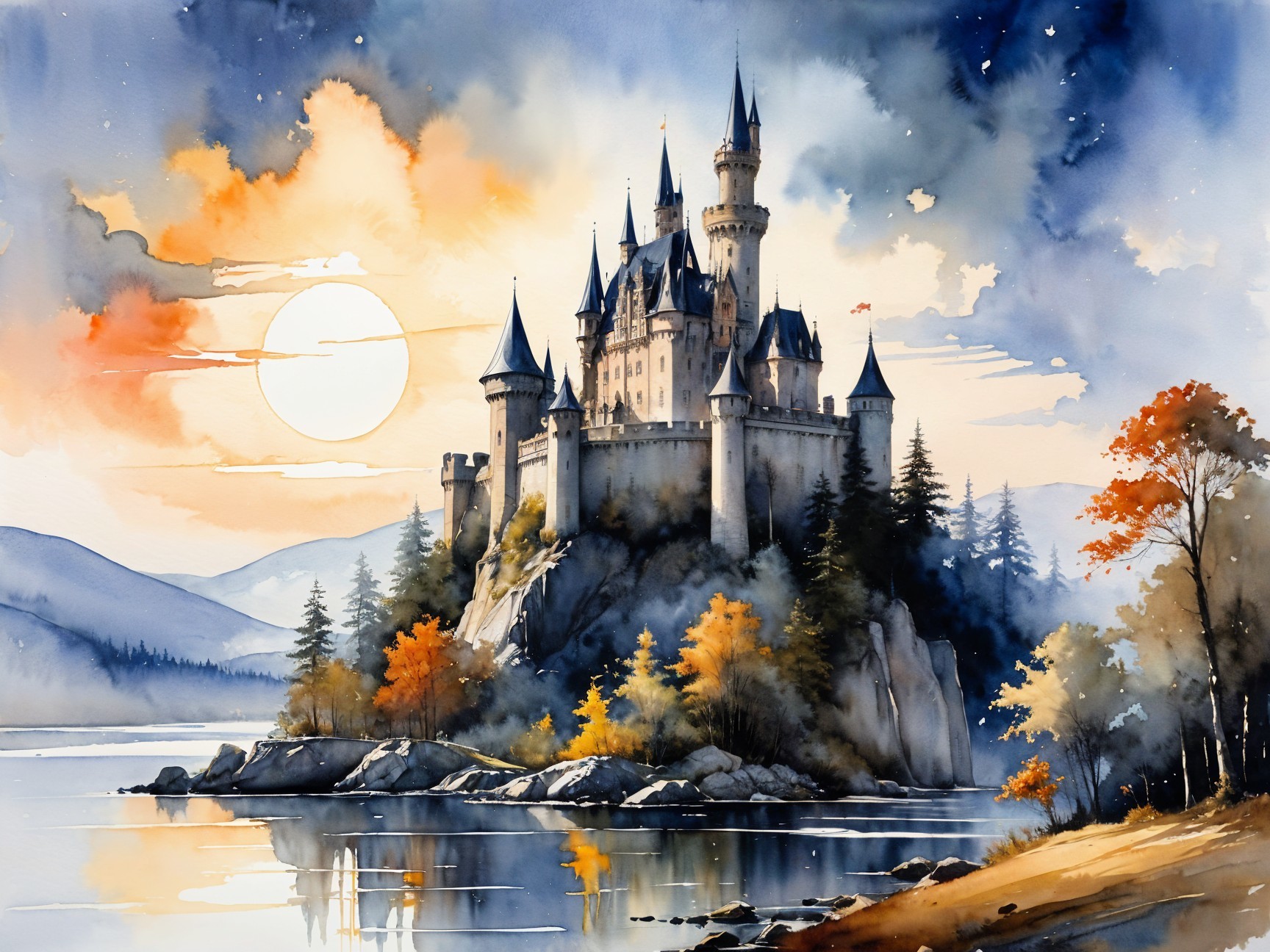 Majestic castle overlooking serene waters at sunset