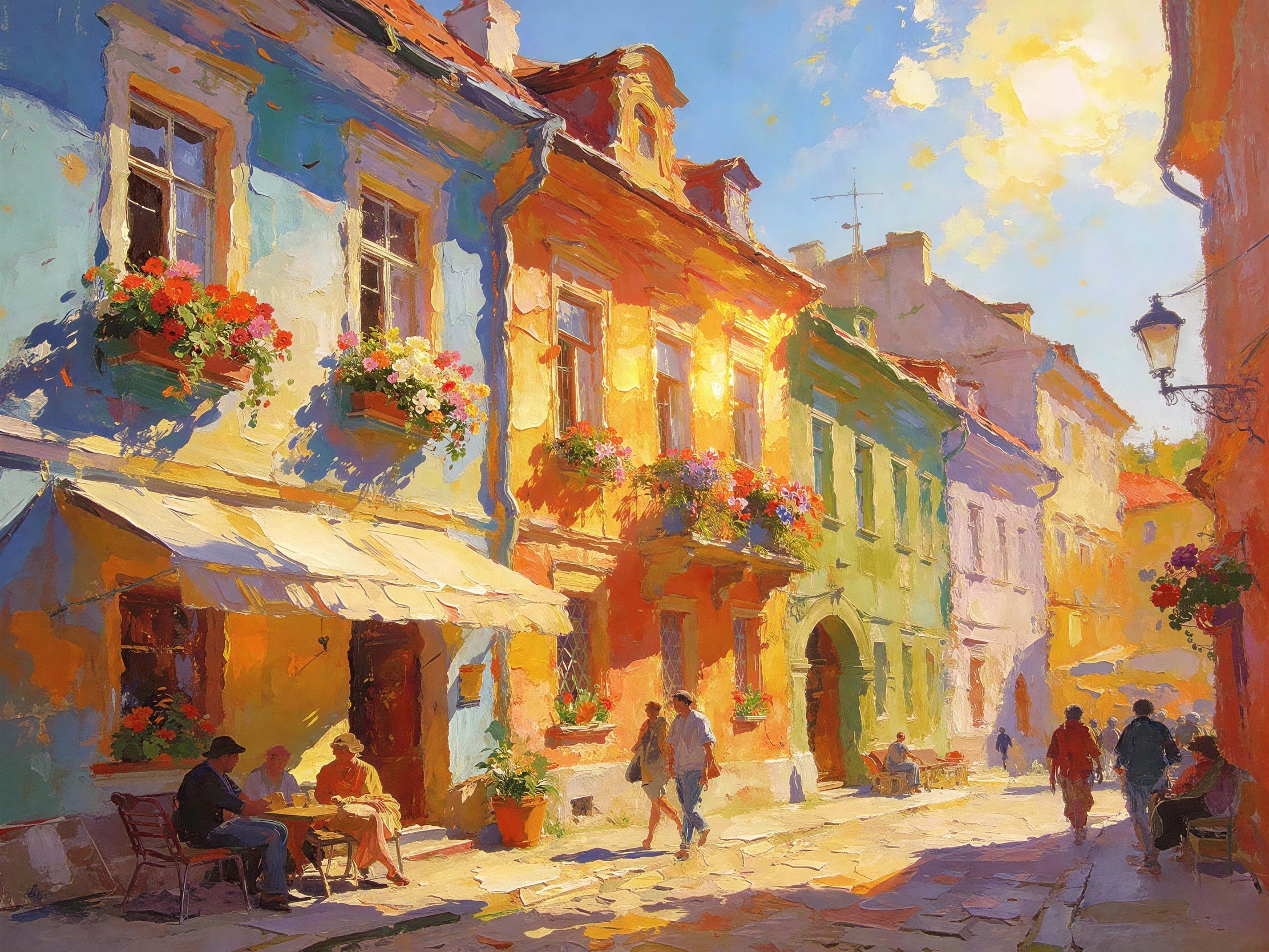Impressionist Oil Painting of a European Street Scene