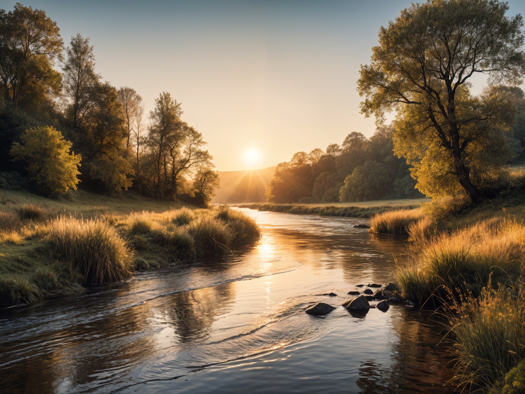 Serene River Landscape at Sunrise with Lush Greenery