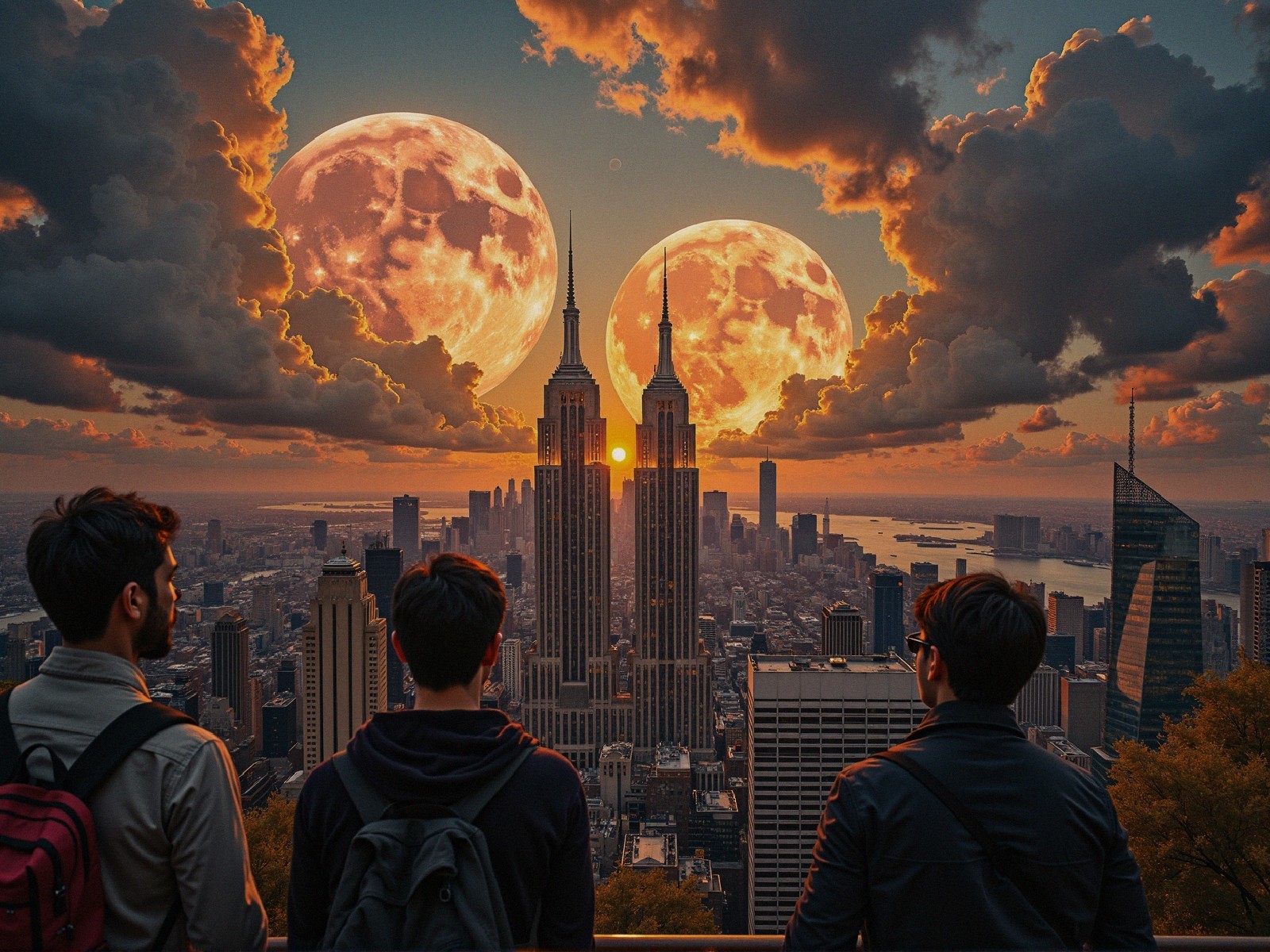 Sunset Viewpoint with Cityscape and Two Moons