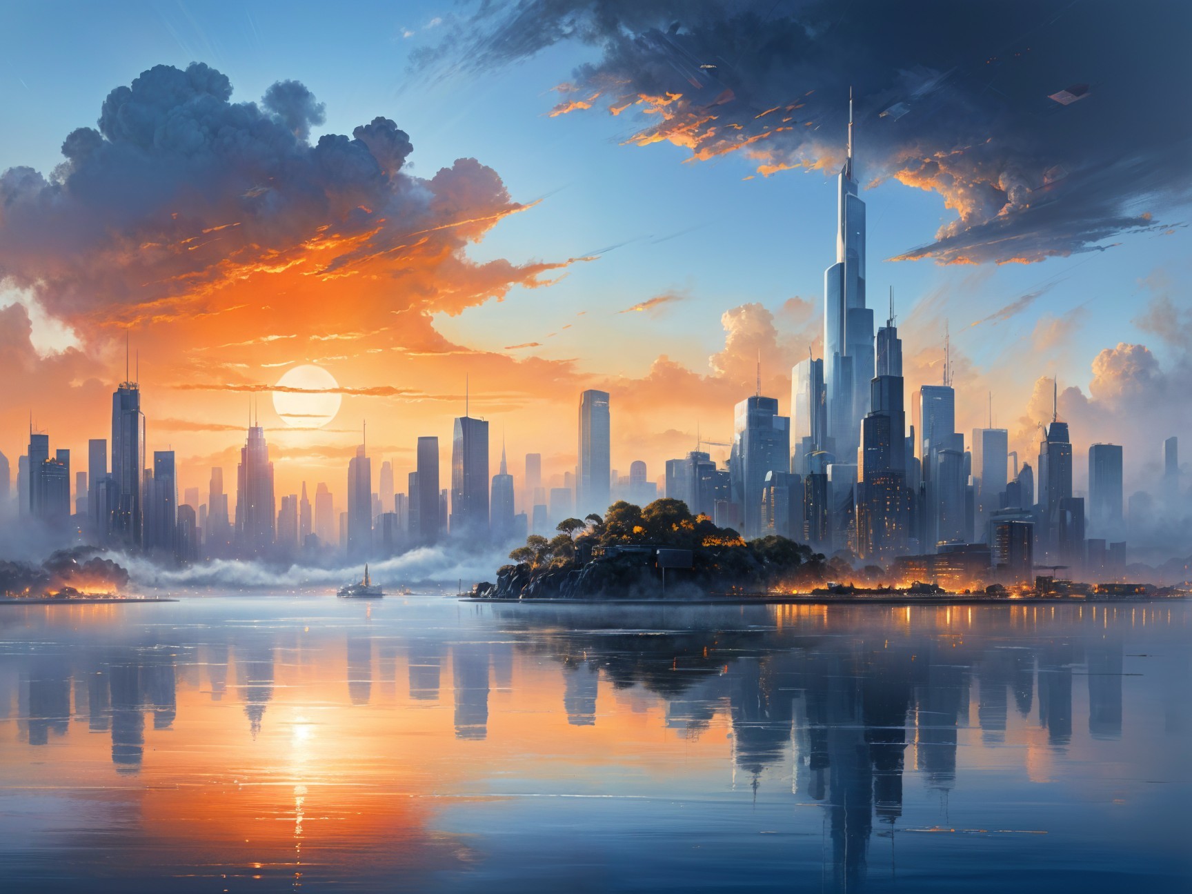 City Skyline at Sunset with Reflections and Clouds
