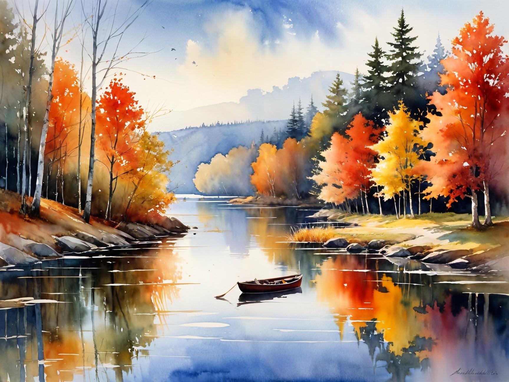 Watercolor Landscape of Autumn River and Trees