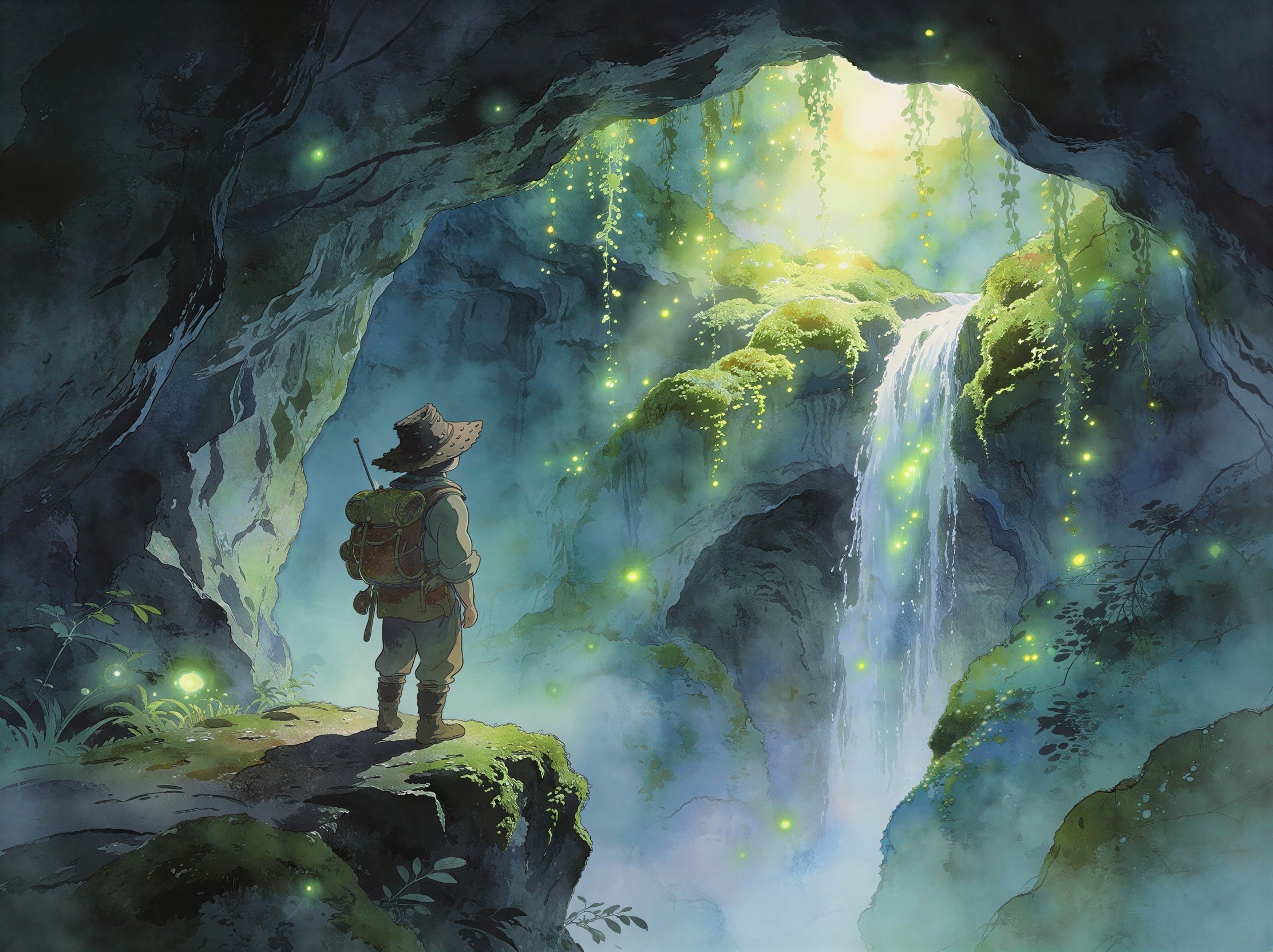 Lone Traveler at Bioluminescent Waterfall in Cavern
