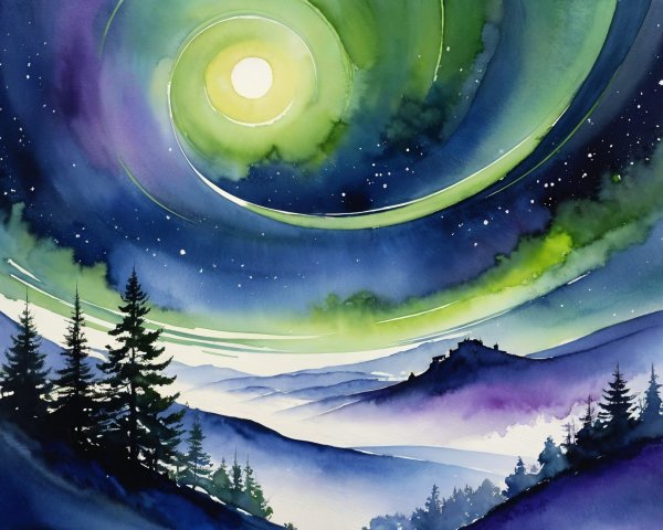 Watercolor Landscape with Moonlit Sky and Pines