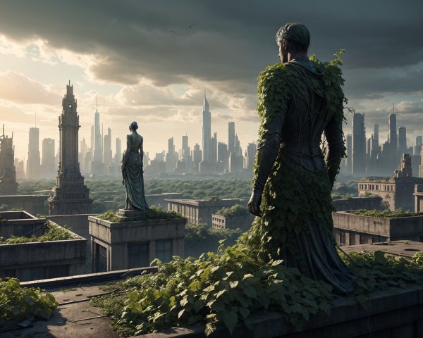 Statues on Rooftop Surrounded by Nature in Metropolis