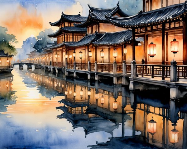 Tranquil Watercolor of Asian Buildings at Dusk