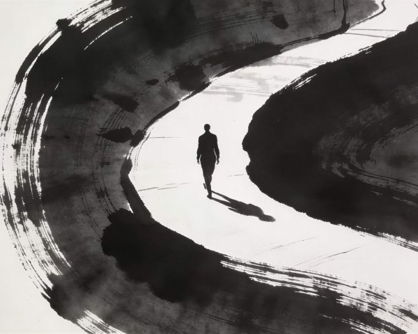 Abstract Ink Wash Painting of a Silhouette on Path