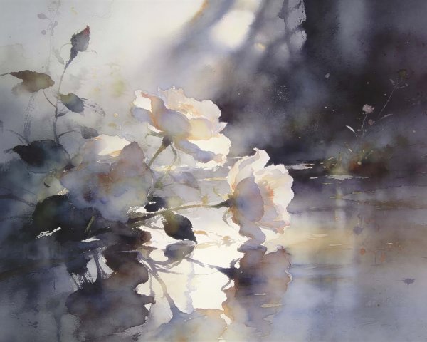 Watercolor Painting of Three Illuminated White Roses