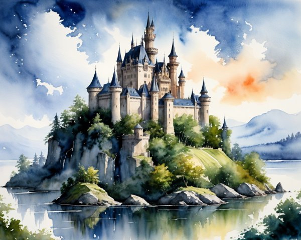 Majestic castle on rocky island with vibrant sky
