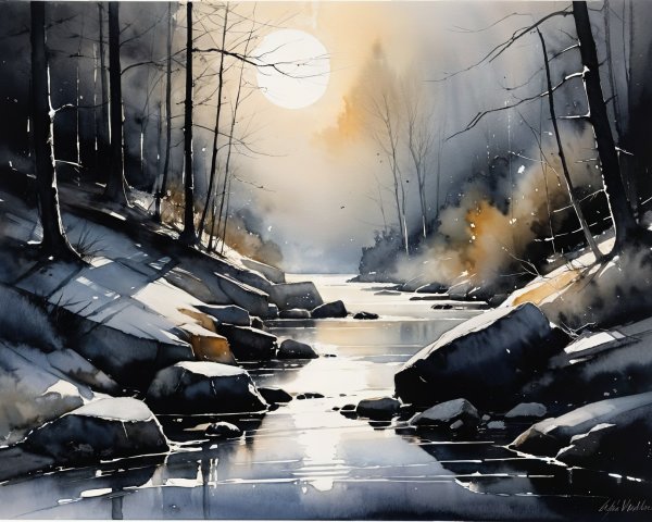 Watercolor Landscape of a Tranquil River and Forest