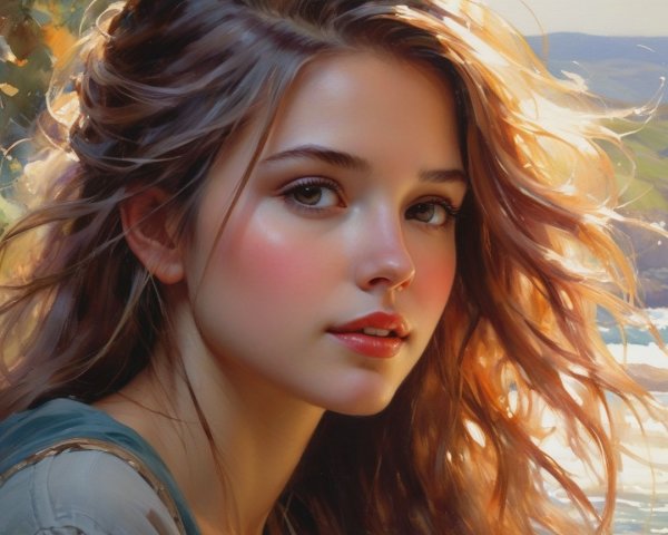 Young Woman in Sunlight with Serene Landscape背景