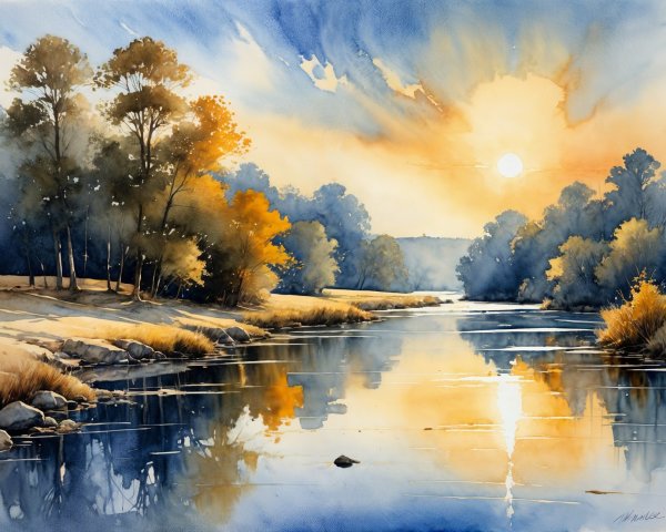 Watercolor Landscape of River at Sunset with Trees