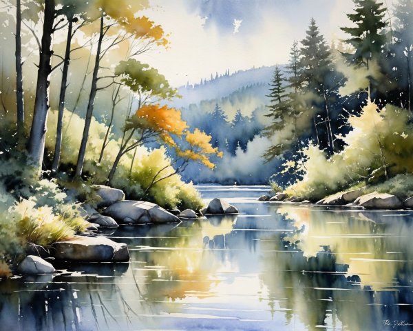 Serene River Landscape with Autumn Foliage and Mountains