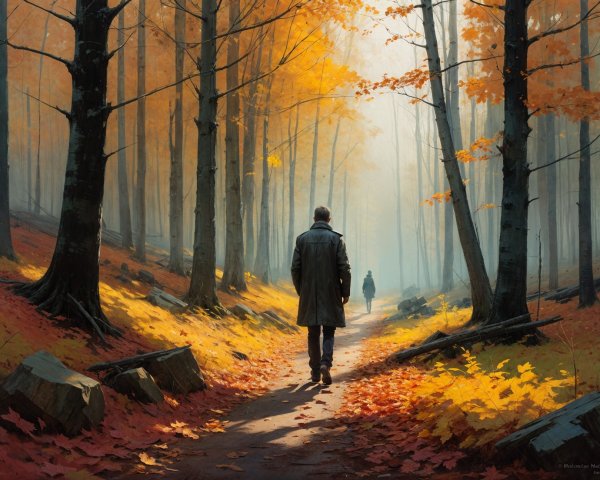 Autumn Forest Path with Vibrant Leaves and Sunlight