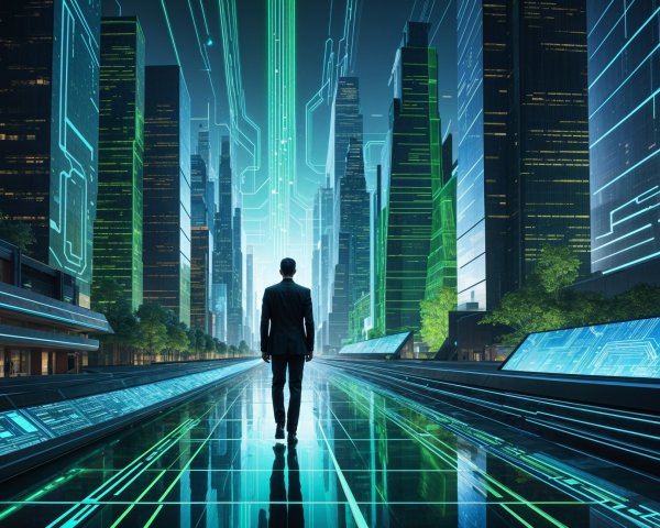 Silhouette in Futuristic Cityscape with Neon Lights
