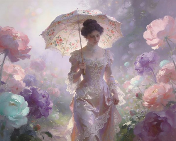 Victorian Woman in Pastel Gown in Fantastical Garden
