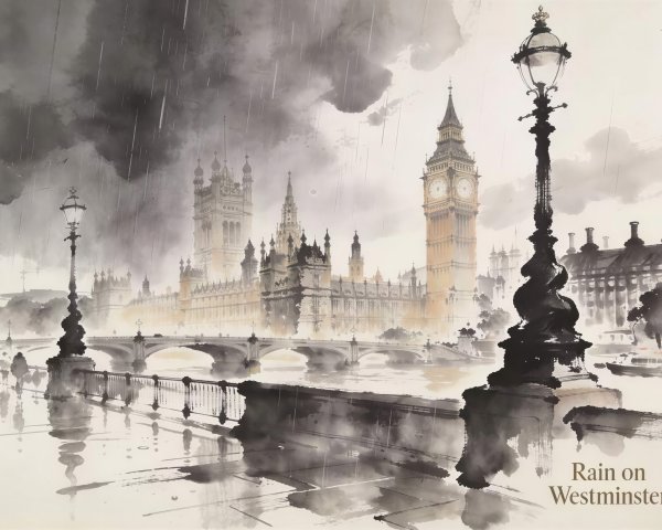 Watercolor Painting of London Rain with Big Ben