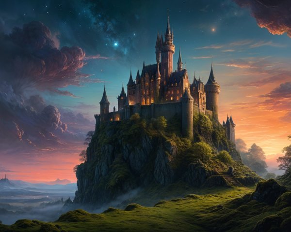 Majestic castle on a hill at twilight with vibrant sky
