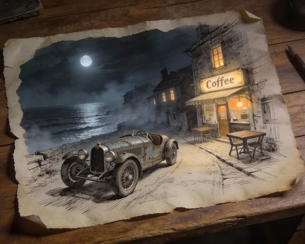 High-angle digital painting of antique car by ocean