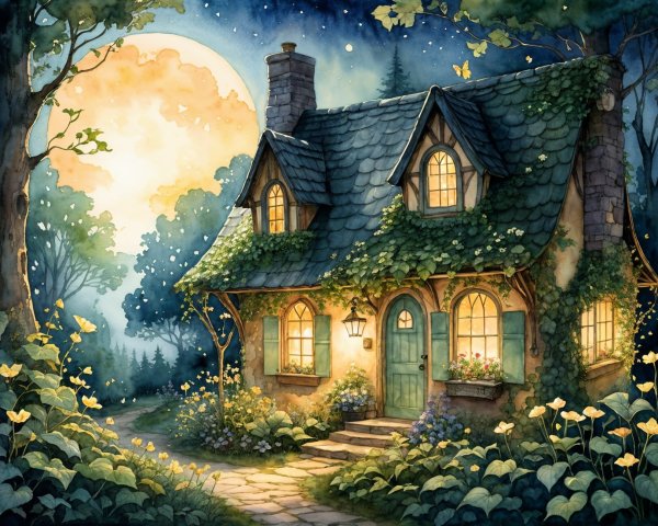 Cottage in a Moonlit Forest Surrounded by Nature