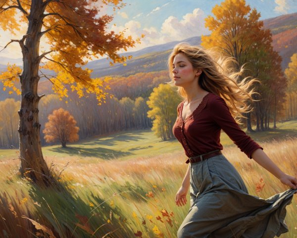 Young woman in autumn meadow with vibrant foliage