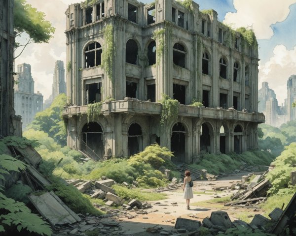 Child in a ruined building with nature reclaiming space