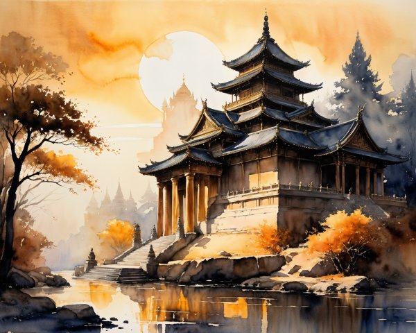 Watercolor Landscape with Pagoda and Autumn Foliage