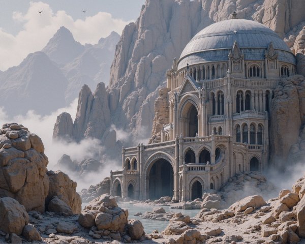 Ancient Structure Surrounded by Rugged Mountains