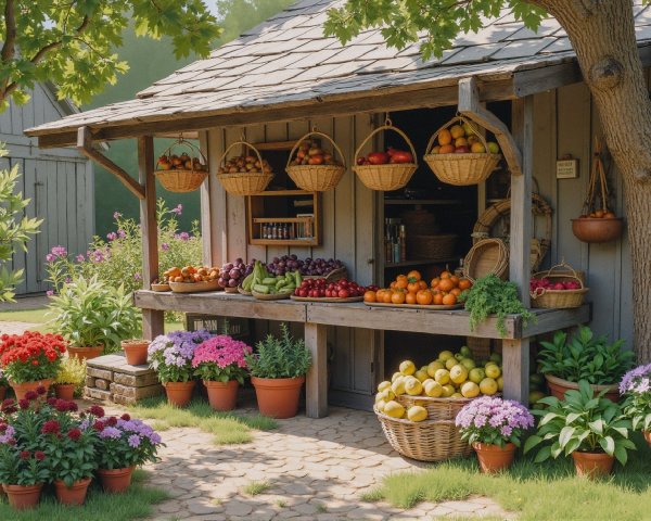 Wooden fruit stand with colorful produce and flowers