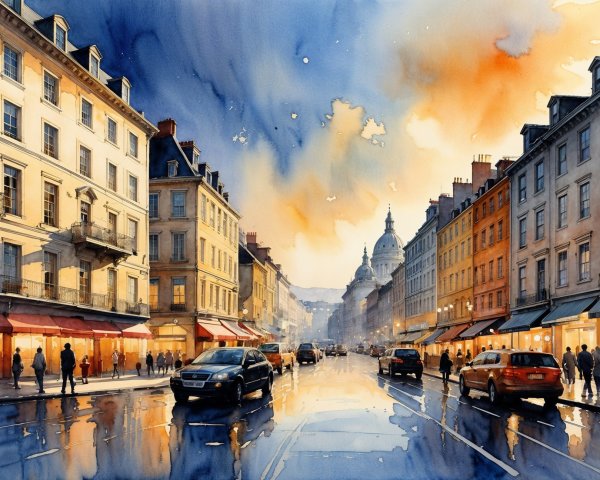 Vibrant City Street Scene at Dusk with Reflections