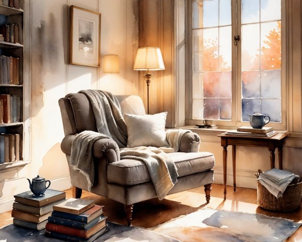 Cozy Living Room Corner with Plush Armchair and Books