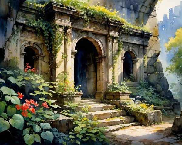 Overgrown Ruin with Ancient Architecture and Vines